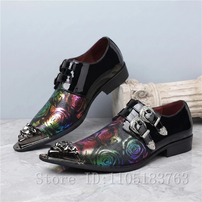 Men Luxury Colorful Rose Print Pointed Toe Dress Shoes Metallic Studded Buckle Formal Party Wedding Nightclub Oxford Shoes