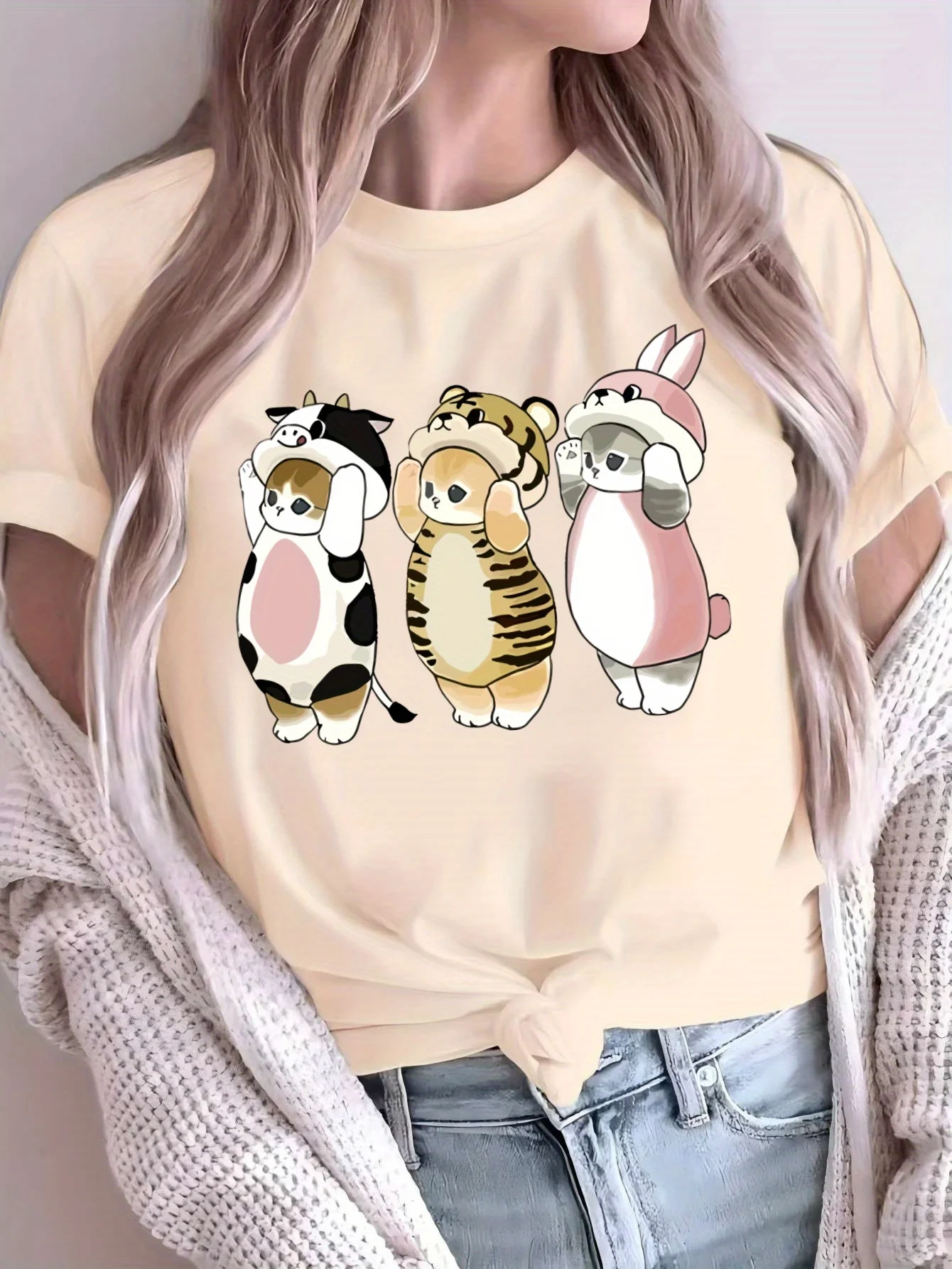 Women's Cute Cartoon Animal Print Short-Sleeve T-Shirt Casual & Sporty Design for with Adorable Cat Dog Rabbit & Bear Graphic