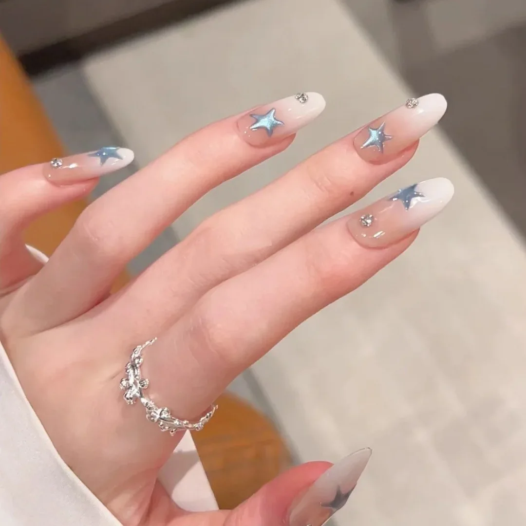 10pcsLight Luxury Handmade Oval Press On Nails White Gradient Blue Star Rhinestone Decor Fake Nails Wearable Nails Art Tips Girl