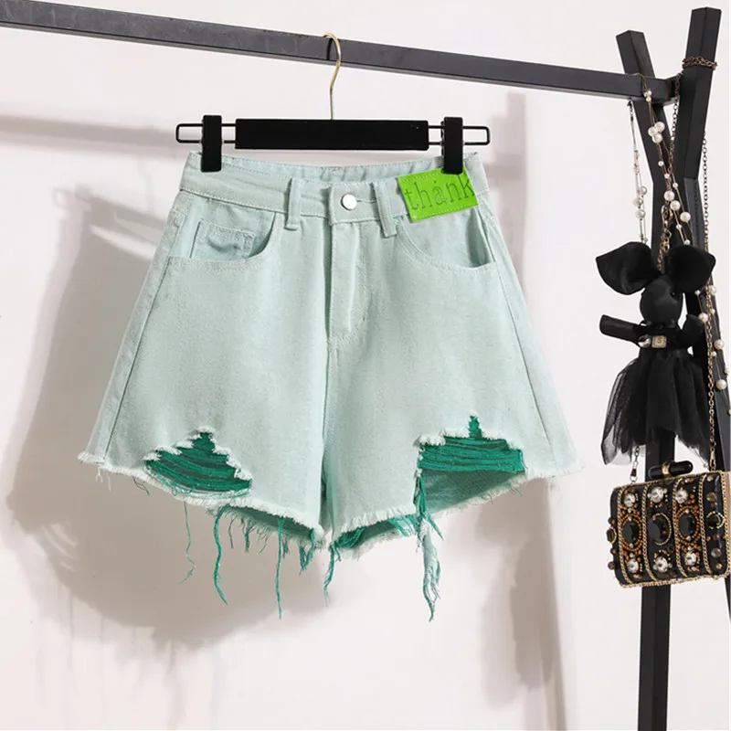 2024 Summer New Thin Sexy Hole Denim Short Women Green Color Contrast Trendy Loose High Waist Ripped Jeans Hot Pants Street Wear