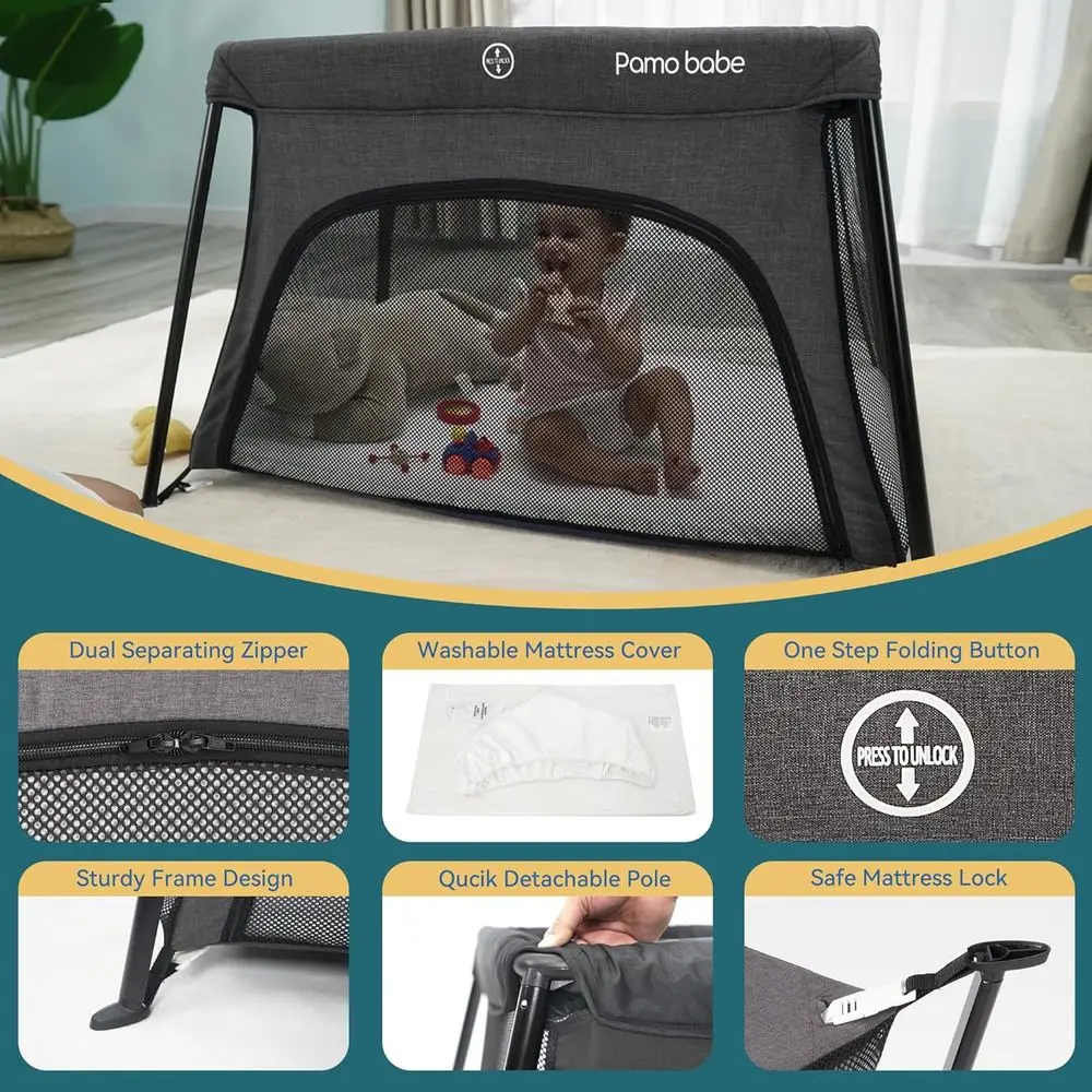 روضة أطفال محمولة مع مرتبة، ساحة لعب قابلة للطي، أرجل قابلة للإزالة #5