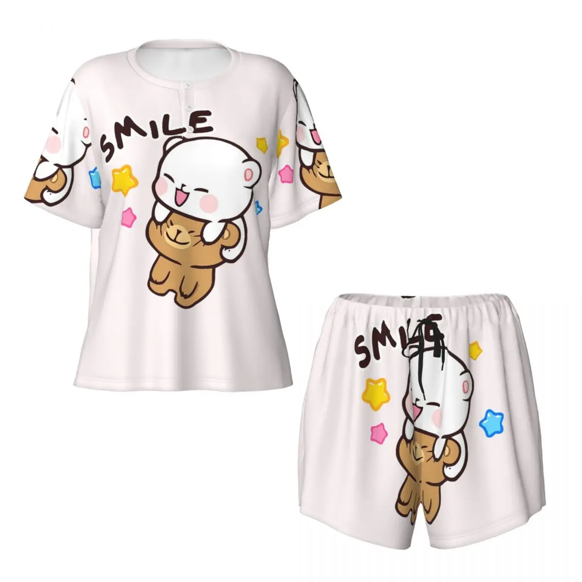 Bear And Panda Bubu Dudu Balloon  Round Neck Short Sleeve Nightgowns for Sleeping Sleepshirts Women Soft Pajama Set Short Pants