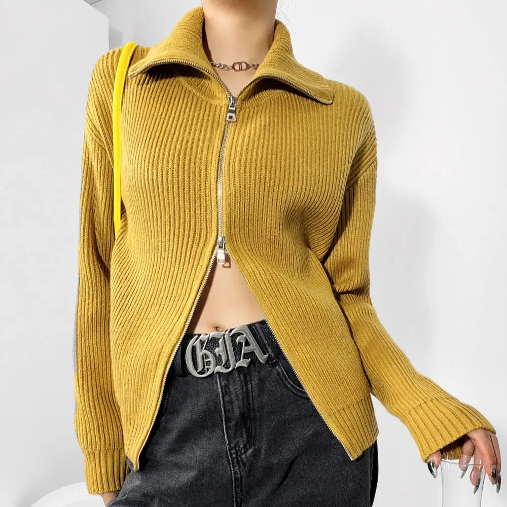 2023 Women Ribbed Knitting Zipper Fastening Lapel Collar Cardigan Loose Full Sleeve thick Sweater Autumn Winter Harajuku