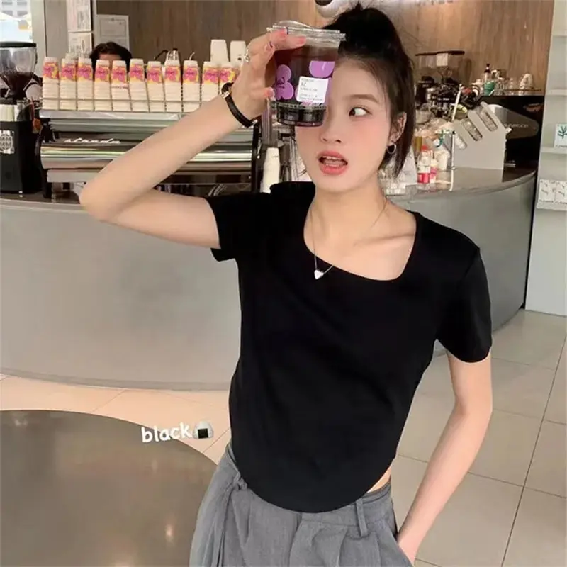 Women Solid Color Square Collar Short Sleeve T-shirt Fashion Irregular Crop Top