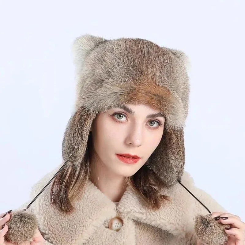 New real rabbit fur ear protection hat whole skin cute cat ears autumn and winter warm hat fashion foreign style super cute caps