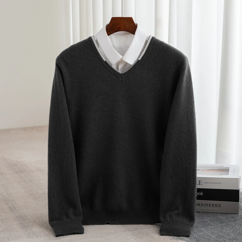 Autumn And Winter 100% Pure Wool Men's Casual Fashion V-neck Pullover Twisted Design Knitted Sweater