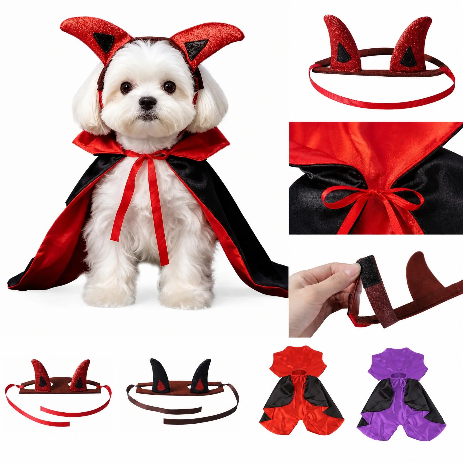 Pet Halloween Vampire Costume Cape for Small to Medium Dogs and Cats, Reversible Black and Red with Purple Option