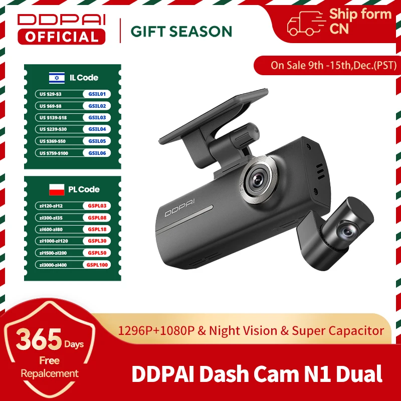 DDPAI N1 Dual Dash Cam Front and Rear Recording NightVIS 1296P Dash Camera Recorder Car DVR 24H Parking Mode WIFI & App Control