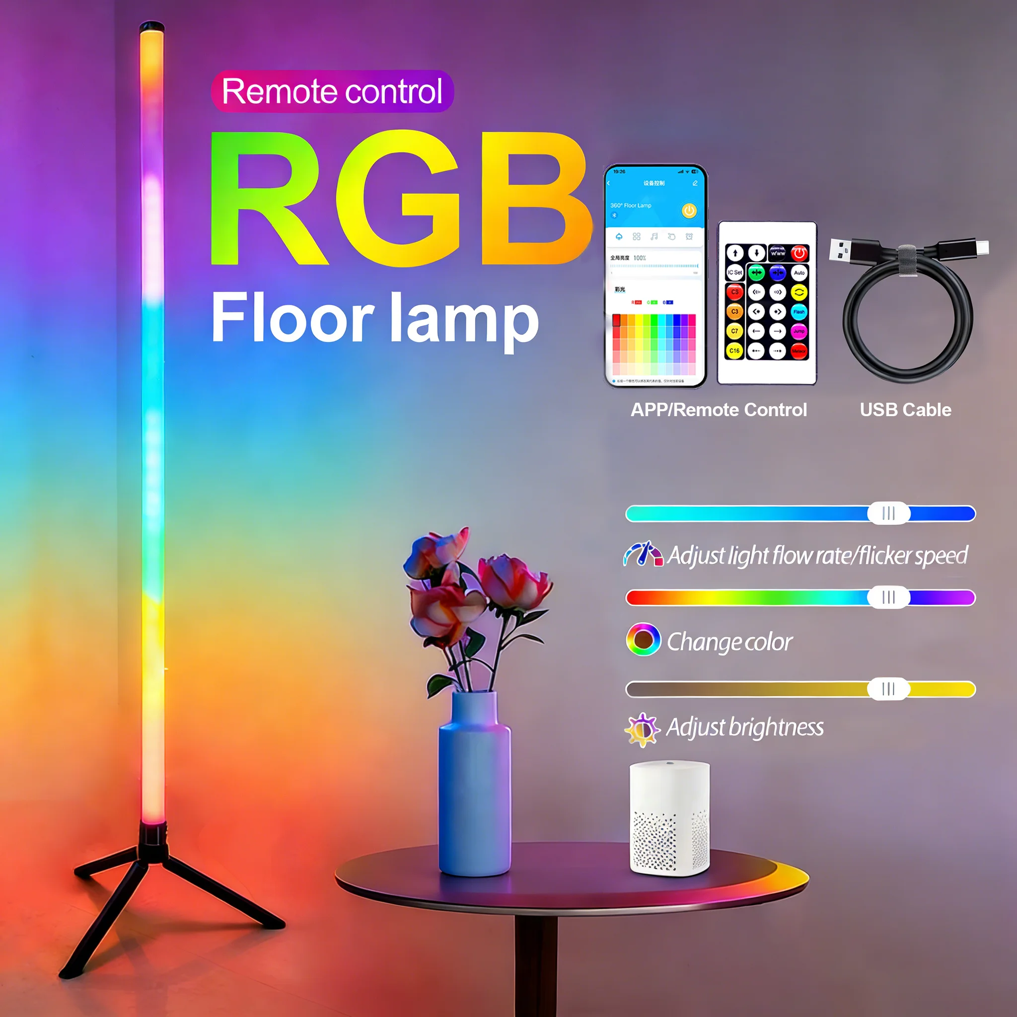 

Floor Lamp 5V USB RGB Smart LED APP Remote Control Music Sync Atmosphere Corner Light for Bedroom Gaming Room Living Room Decor
