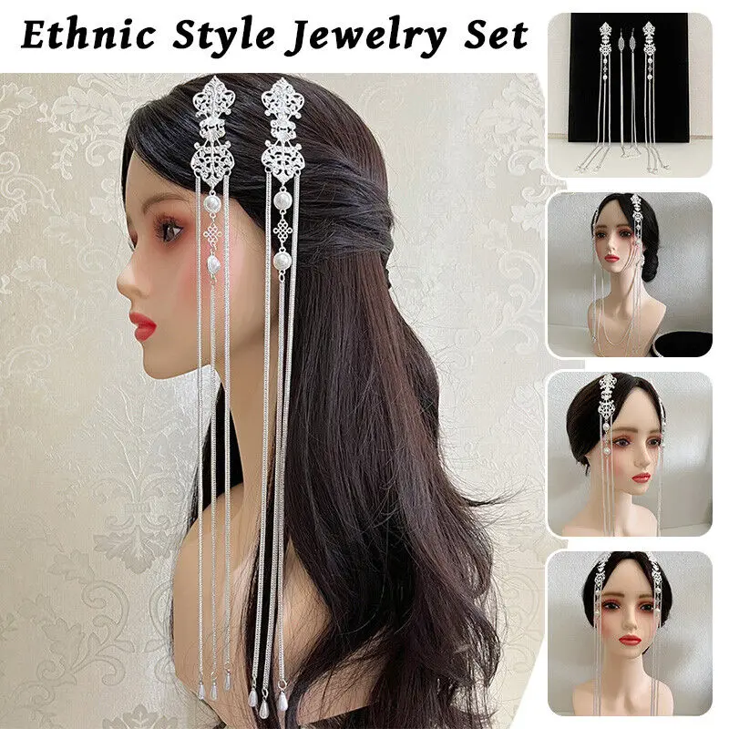 

1set Women Tassel Long Dangle Earrings Headwear Pageant Prom Party Charm Pendant Dubai Necklace Jewelry Ear Accessories Gifts