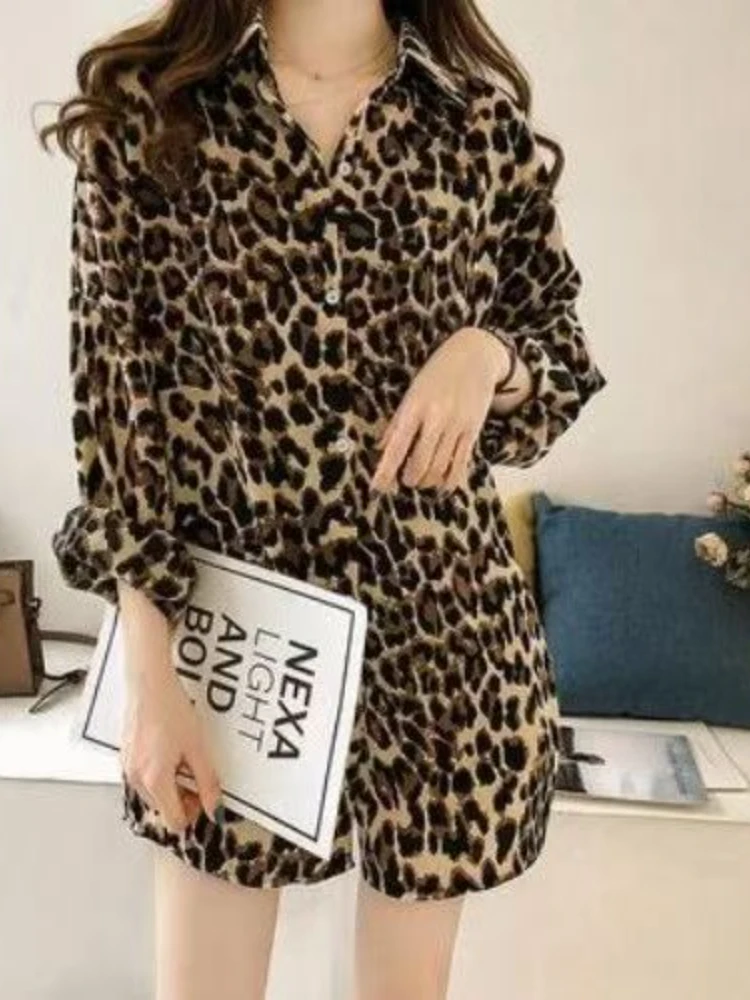 

Весенне-осенняя элегантная модная рубашка с отложным воротником и леопардовым принтом, женская рубашка с длинным рукавом в стиле Харадзюку Y2k, свободная повседневная блузка-кардиган