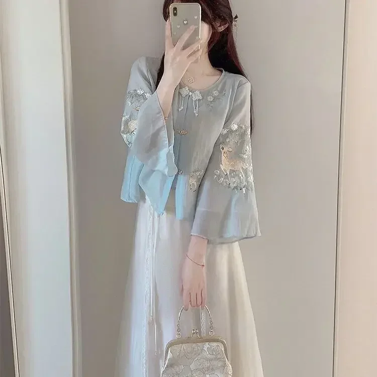 

Autumn New Chinese Style Improved Hanfu Women Chiffon Daily High Waisted Slim Blue Embroidered Top Skirt Set for Women