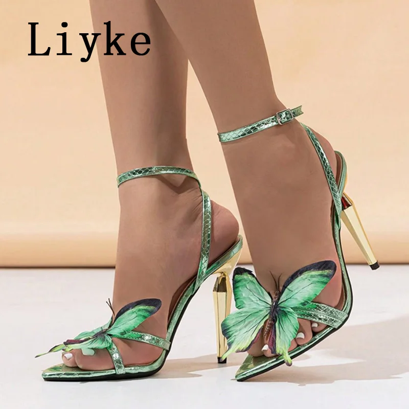 Liyke Sexy Green Snake Print Leather Ankle Strap Sandals Women Fashion Butterfly Designer High Heels Summer Party Dress Shoes