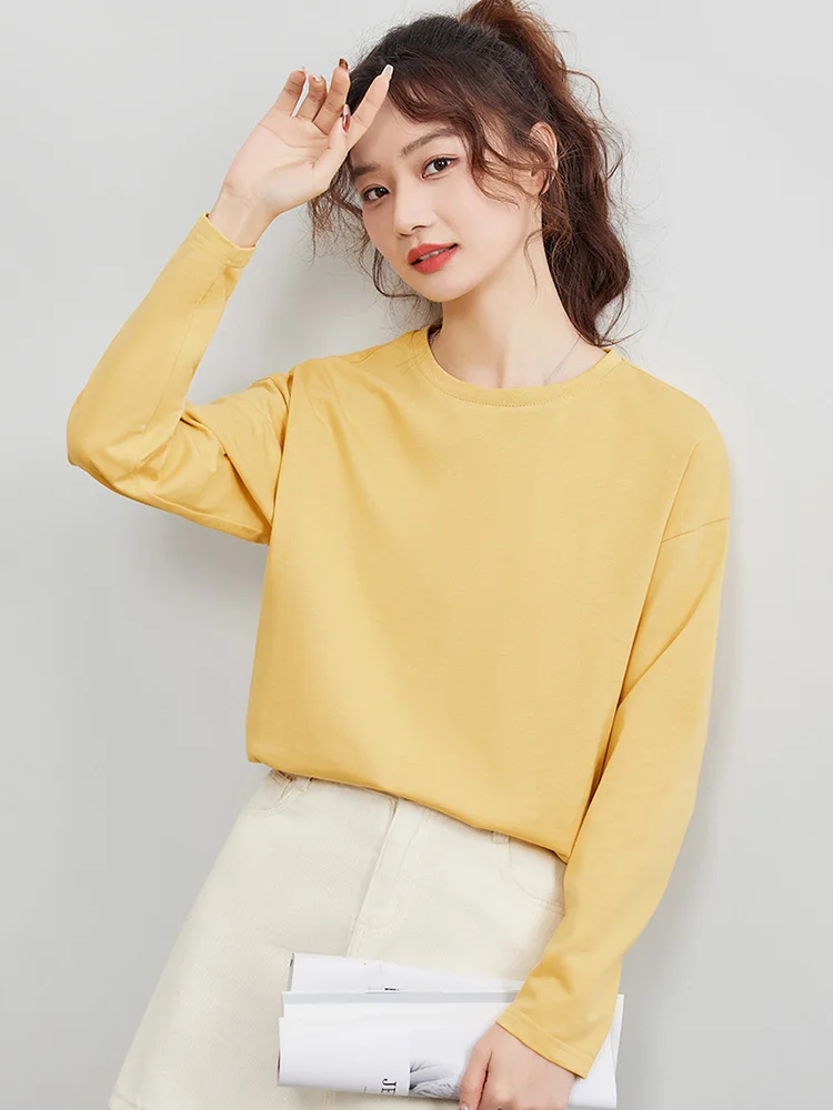 New Women Spring Autumn Long Sleeve T-shirt Fashion O-Neck Drop sleeve Loose Cotton Tees Simplicity Casual Basic T-shirt