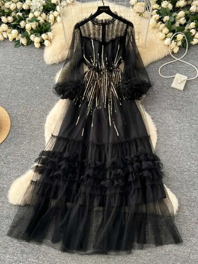 女性メッシュイブニングパーティードレス春夏スパンコール刺繍立体レース長袖ドレスヴィンテージロングローブ