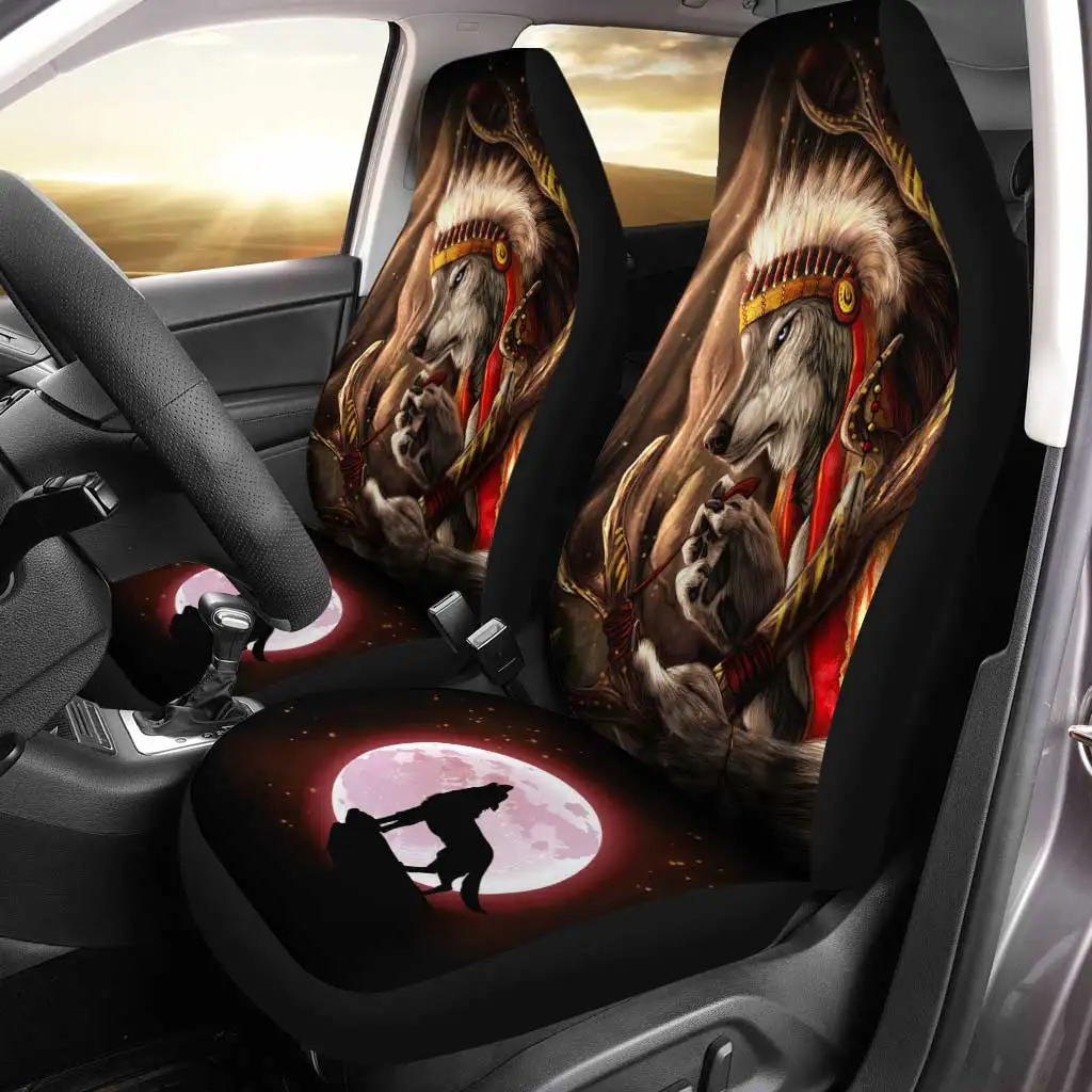 Native Wolf Car Seat Covers Custom Wild Animal Car Accessories,Pack of 2 Universal Front Seat Protective Cover