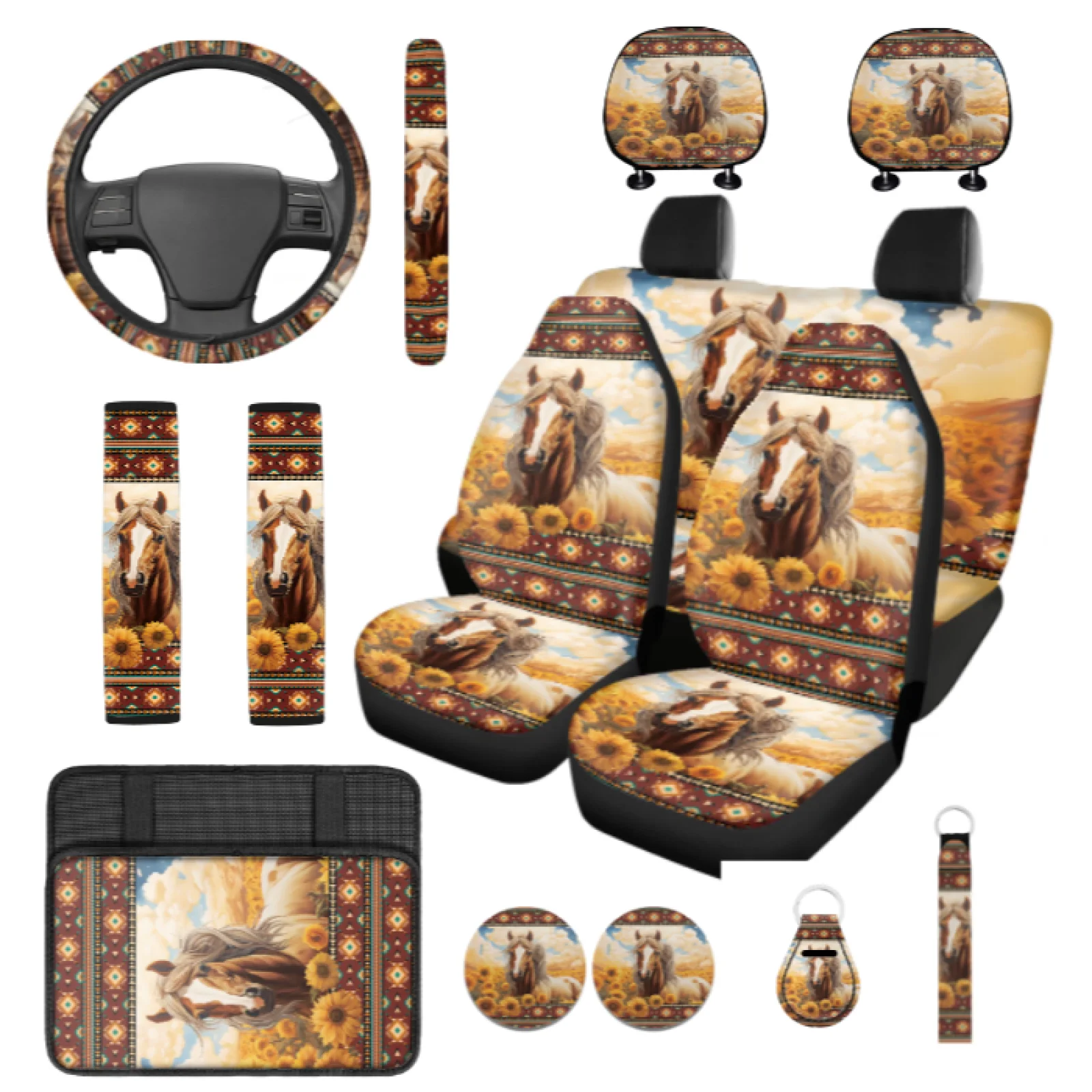 Coloranimal Sunflower 14 Pcs Automobile Seat Cover Sets with Full Set Steering Wheel Cover and Car Safety Belt Pad for Sedans