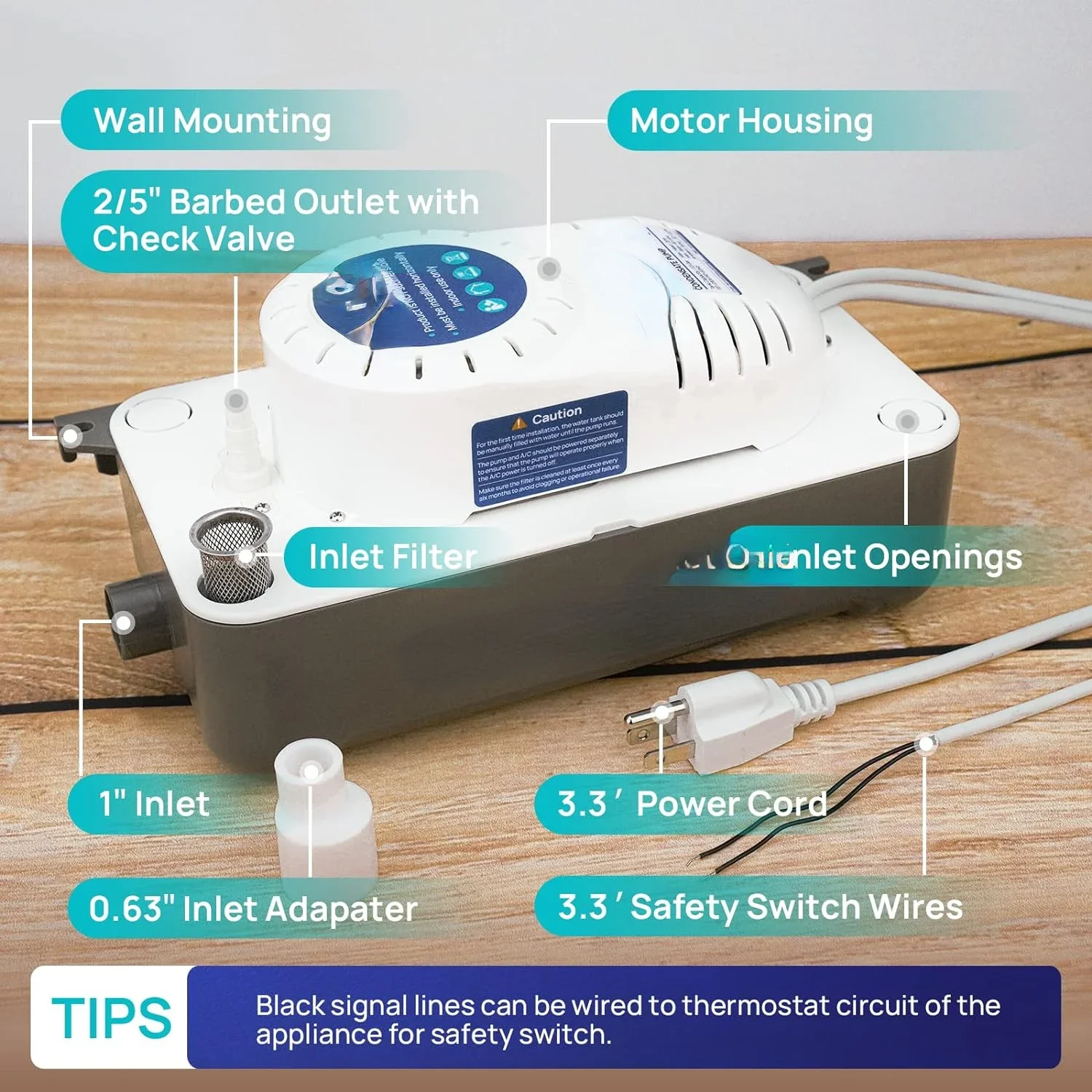 Bomba de condensación eficiente con interruptor de seguridad automático, 1/30HP 95 GPH HAVC, 115V/230V, elimina fácilmente la condensación de CA, incluye 1