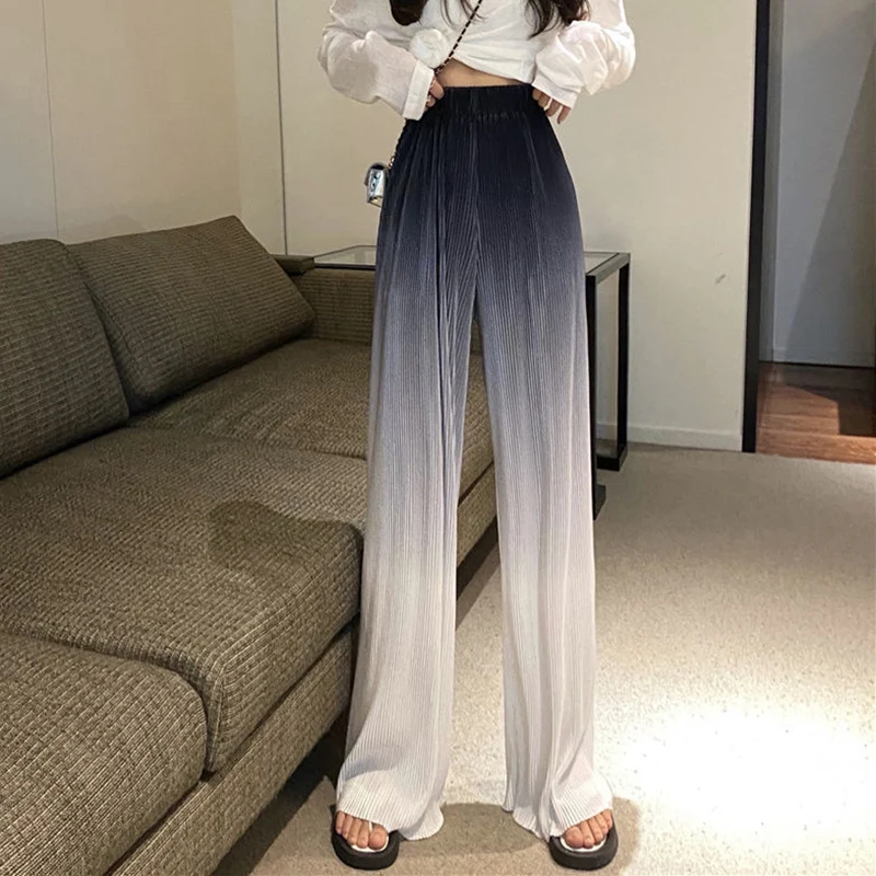 Vintage Gradient Color Wide Leg Pants Women Summer Thin Pleated Straight Trousers High Waist Elastic Streetwear Women Y2k Pants