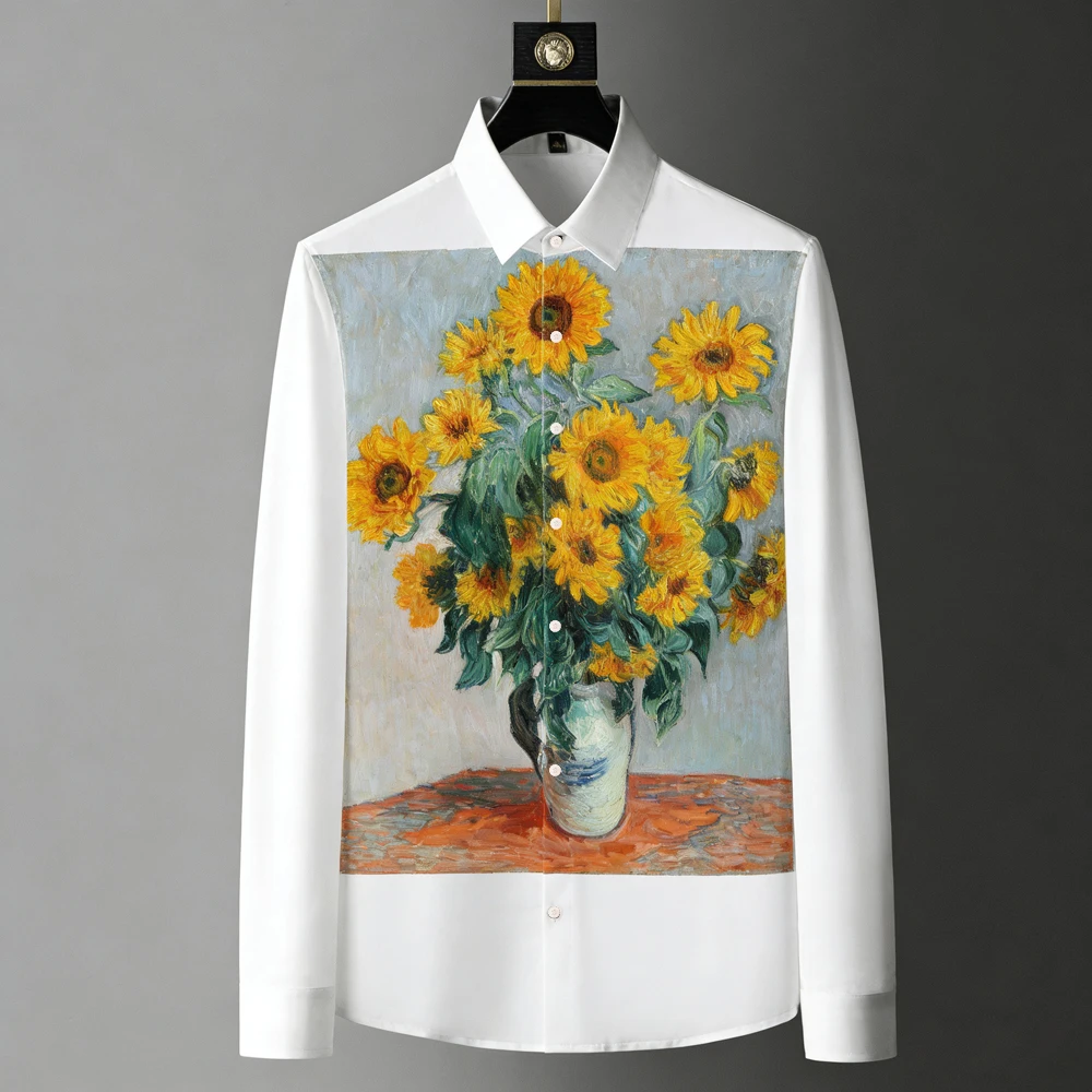 

Men's Retro Art Painting Country Oil Painting Printing White Shirt Hawaiian Beach Shirt Outdoor Party Long-sleeved Clothes Men