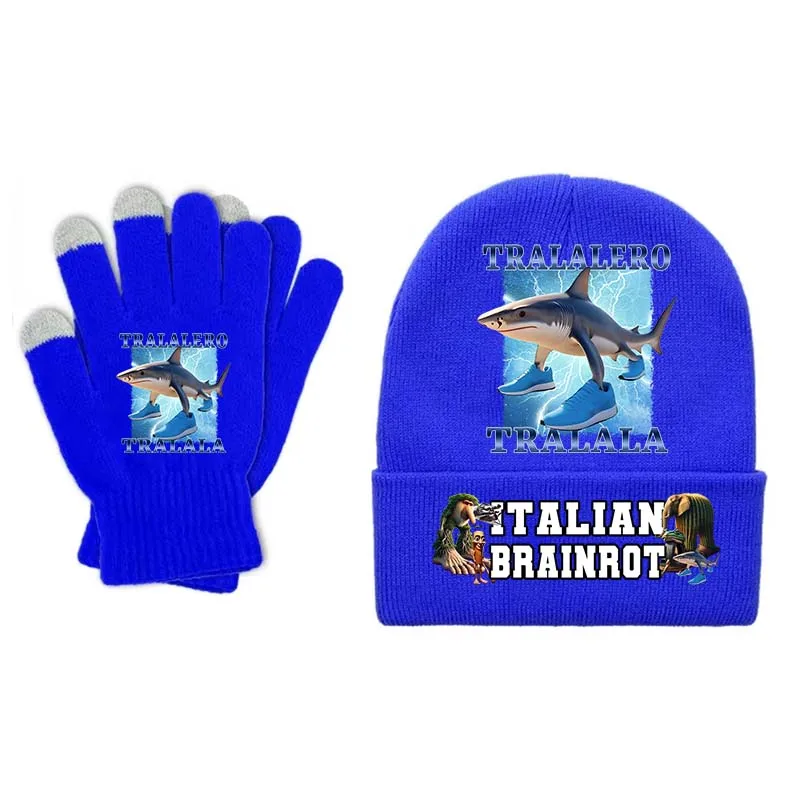 2pcs Italian Brainrot Animals Knitted Hat Gloves Cappuccino Assassino Cap Mittens Set Winter Outdoor Warmth Kid Hats Xmas Gifts