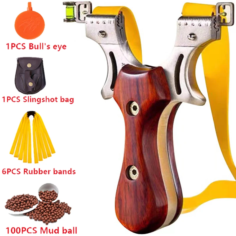 Outdoor Hunting Aiming Shooting Slingshot Stainless Steel Bow Head Wooden Grip Mud Ball Flat Rubber Band Training Set