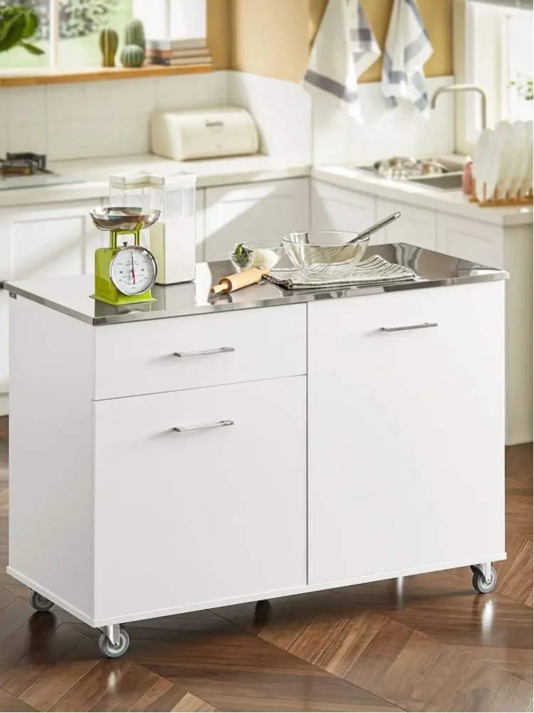 SoBuy FKW117-W Kücheninsel auf Rollen mit Edelstahl-Arbeitsplatte, 1 Schublade, Barwagen Weiß 120x90x56cm