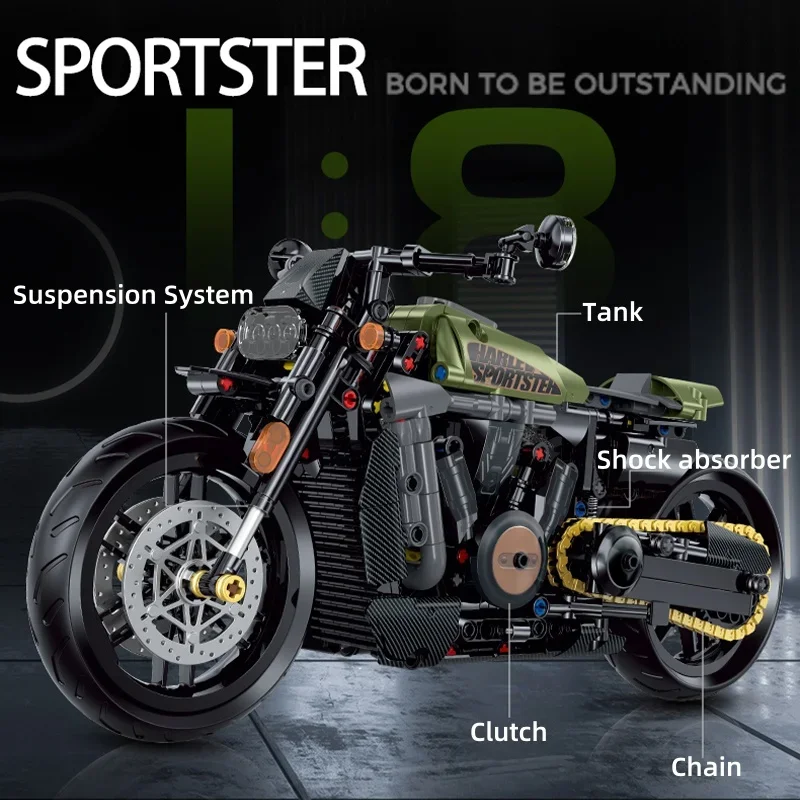 

1:8 масштаб Ретро Круизер мотоцикл строительные блоки 590 шт. классический велосипед кирпичная модель комплект DIY Коллекционная сборная игрушка