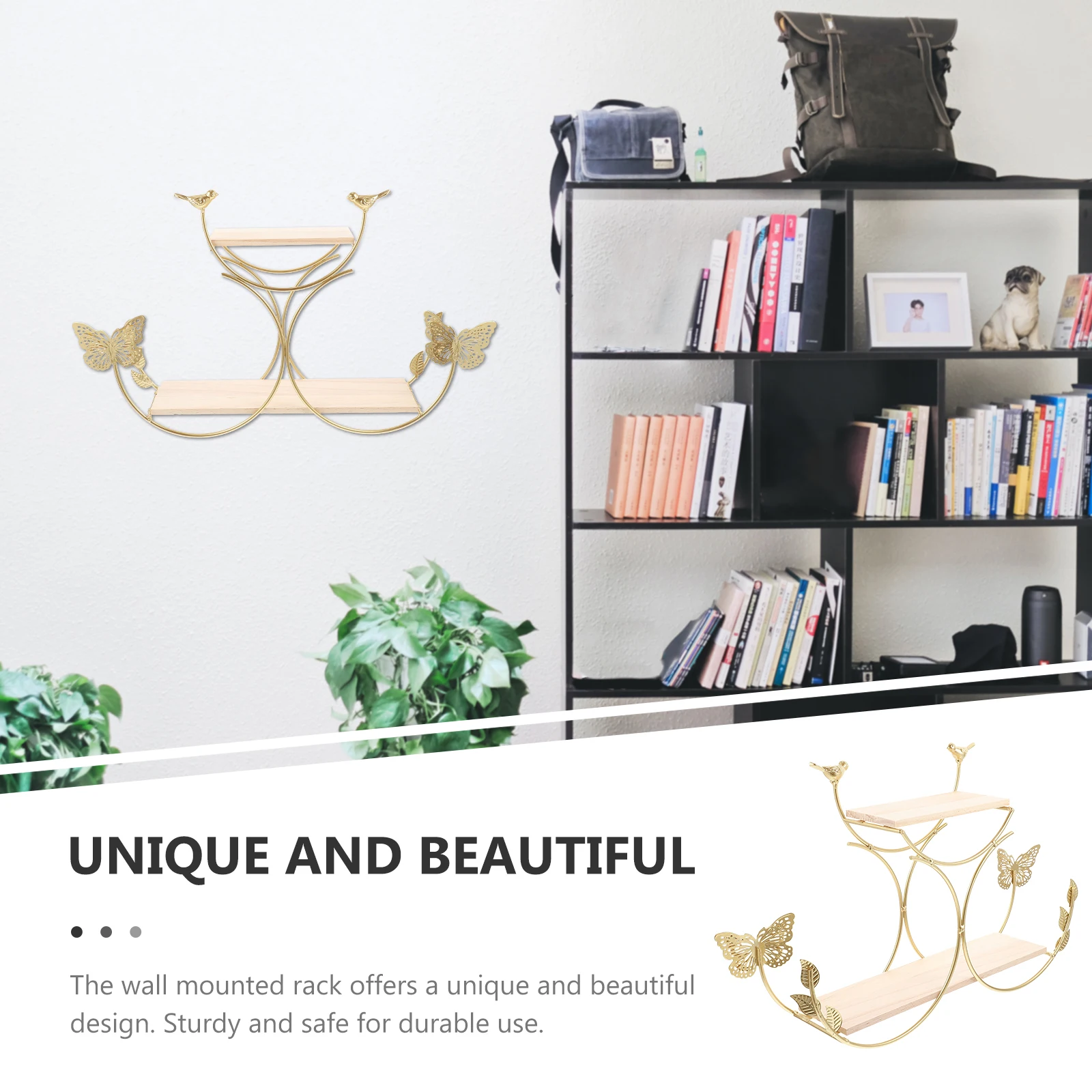 

1pc Wall Mounted Storage Rack Sturdy Wood Gold Shelves Bookshelf Nordic Bathroom Bedroom Kitchen Decor Shelf Holder