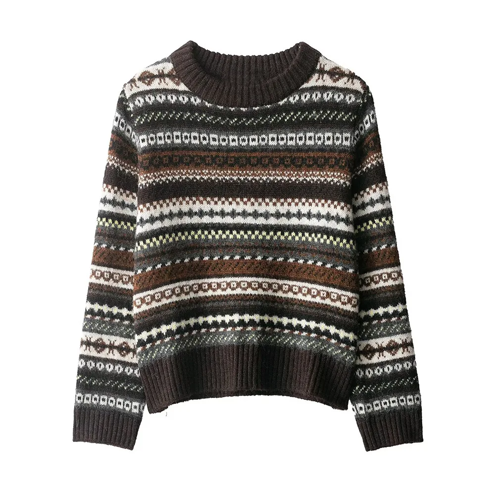 

Women's Slim-fit Knit Pullover Jacquard Crew Neck Long Sleeve Loose Elastic Hem Cropped Sweater Commuting Winter New Chic Top