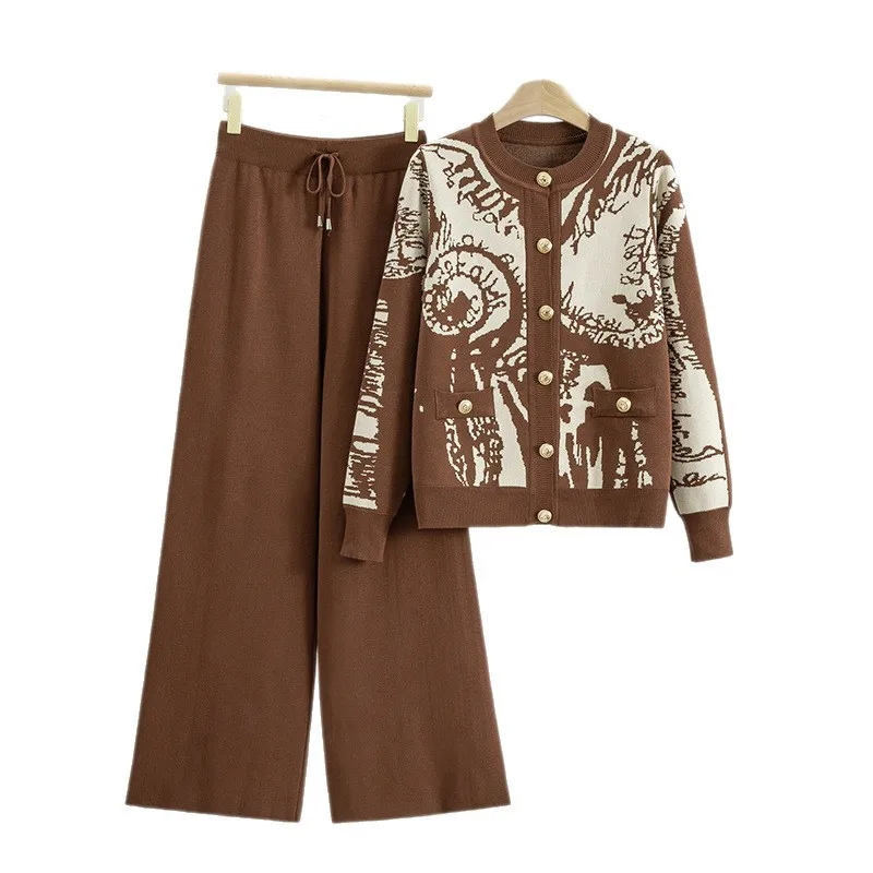 Spring and Autumn New French Style Round Neck Metal Buckle Contrast Jacquard Knitted Cardigan Stylish Wide Leg Pants Sets B643