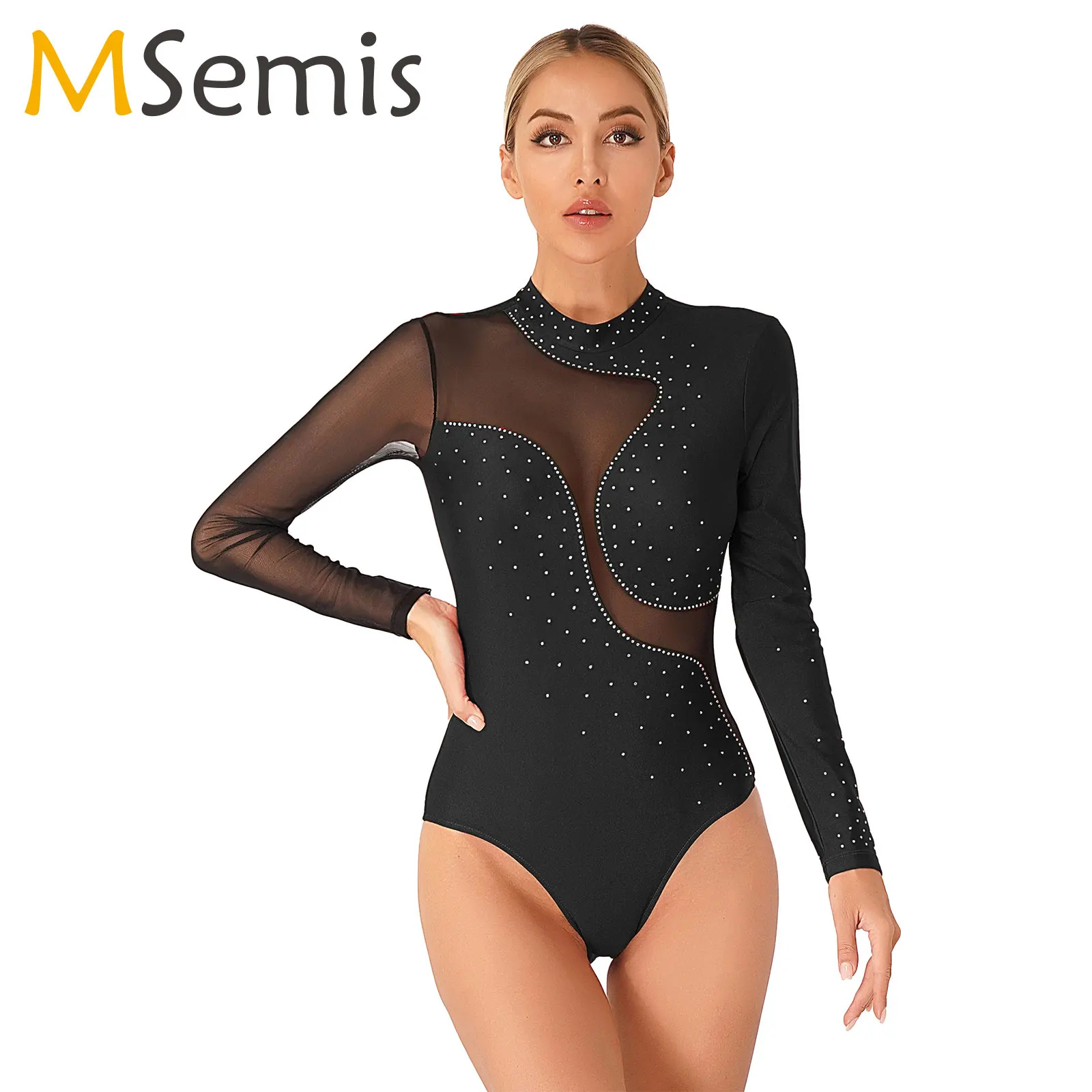 Women\'s Teen Glitter Rhinestone Ballet Dance Leotard Mesh Long Sleeve Gymnastics Leotards Bodysuit Acrobatics Skating Costumes