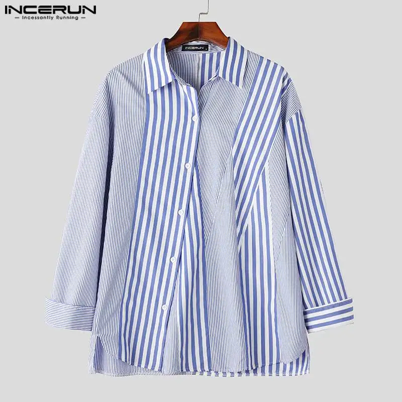 INCERUN Tops 2023 Korean Style New Men\'s Striped Patchwork Design Shirts Casual Streetwear Male Long Sleeved Lapel Blouse S-5XL