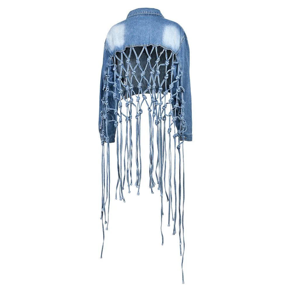 2024 New Spring Women Denim Jacket Short Backless Loose Jackets Fringe Woven Fashion Streetwear Coat Single Breasted Pockets