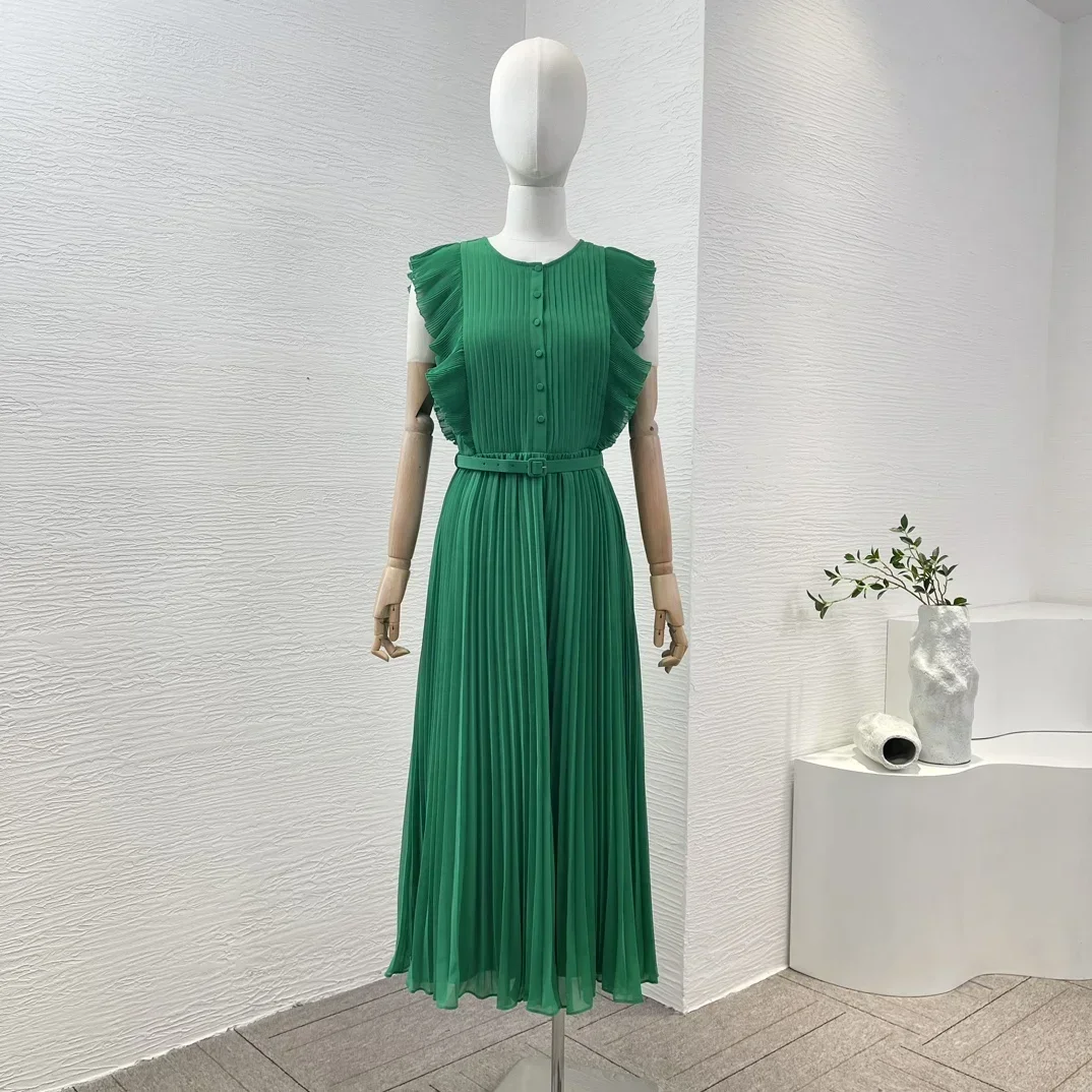 

Green Ruched Pleat Ruffle Removable Belt Re-tro Midi Dress for Party 2024 New Spring Summer Women Clothing