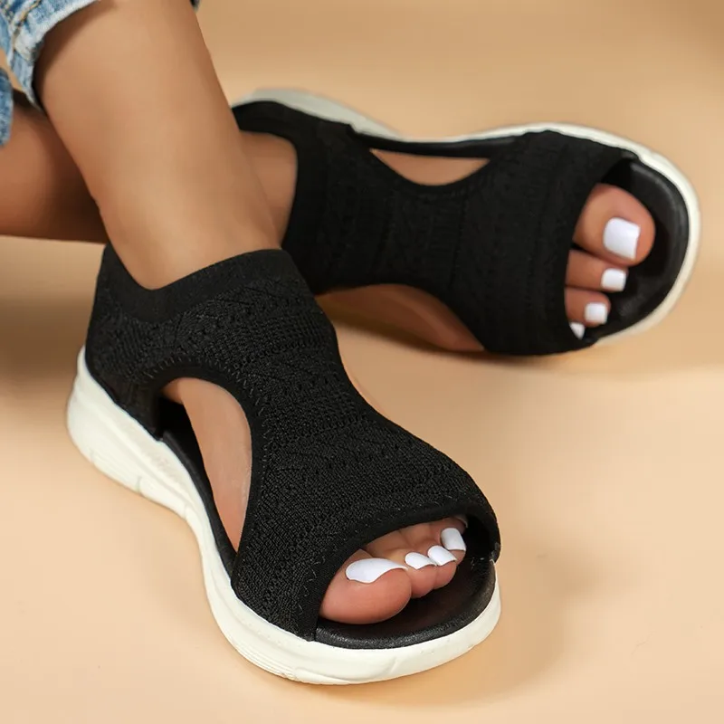 Women Summer Knitted Sports Sandals Casual Slip-On Thick Multifunctional Mesh Stretch Beach Shoes