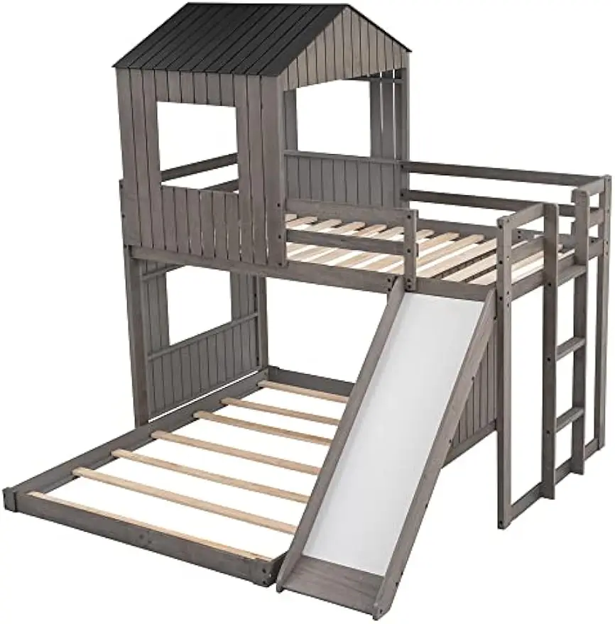 Wooden Twin Over Full Bunk Bed,Loft Bed with Playhouse,Farmhouse,Ladder,Slide and Guardrails,Antique Gray,Beds, Frames & Bases