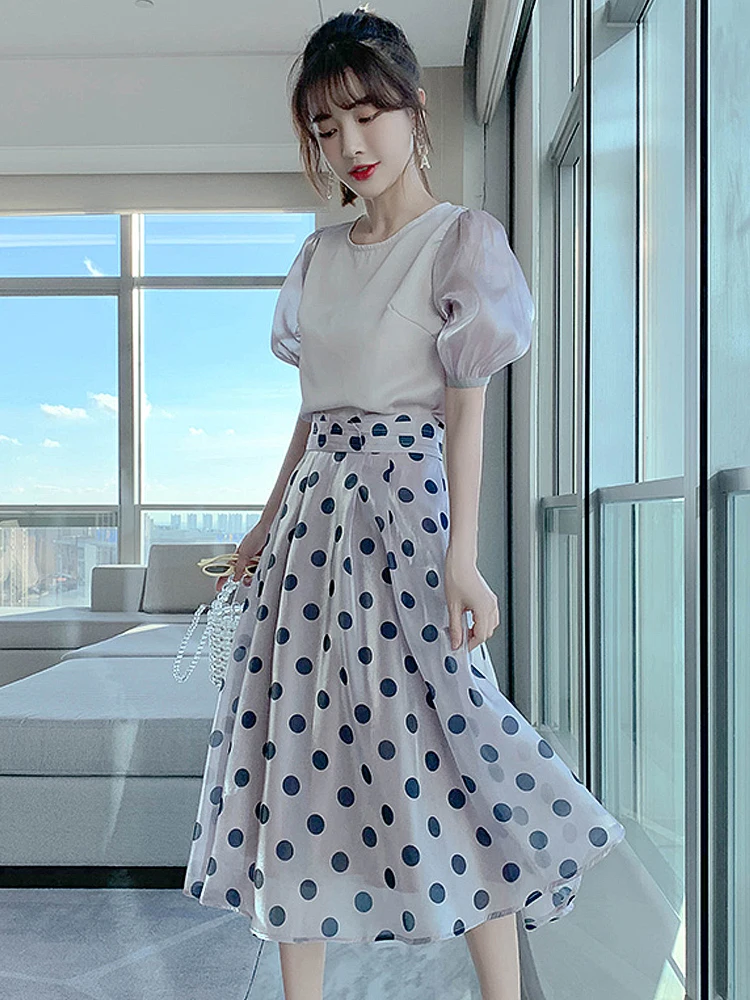 Summer Two Piece Set Women Outfit 2024 Purple O-Neck Puff Sleeve Shirt+Polka Dot Skirt Set Causual Fashion Suit