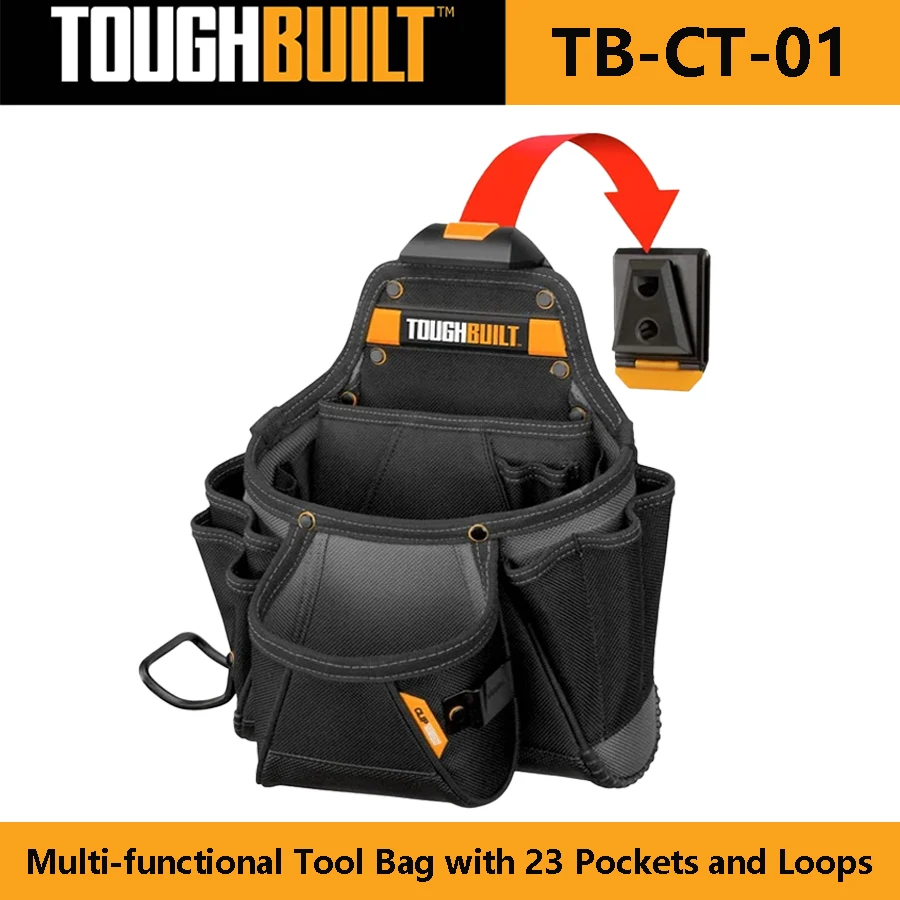 TOUGHBUILT TB-CT-01 Multi-functional Tool Bag with 23 Pockets and Loops Rugged Tool Pouch with Clip Portable Storage Organiser