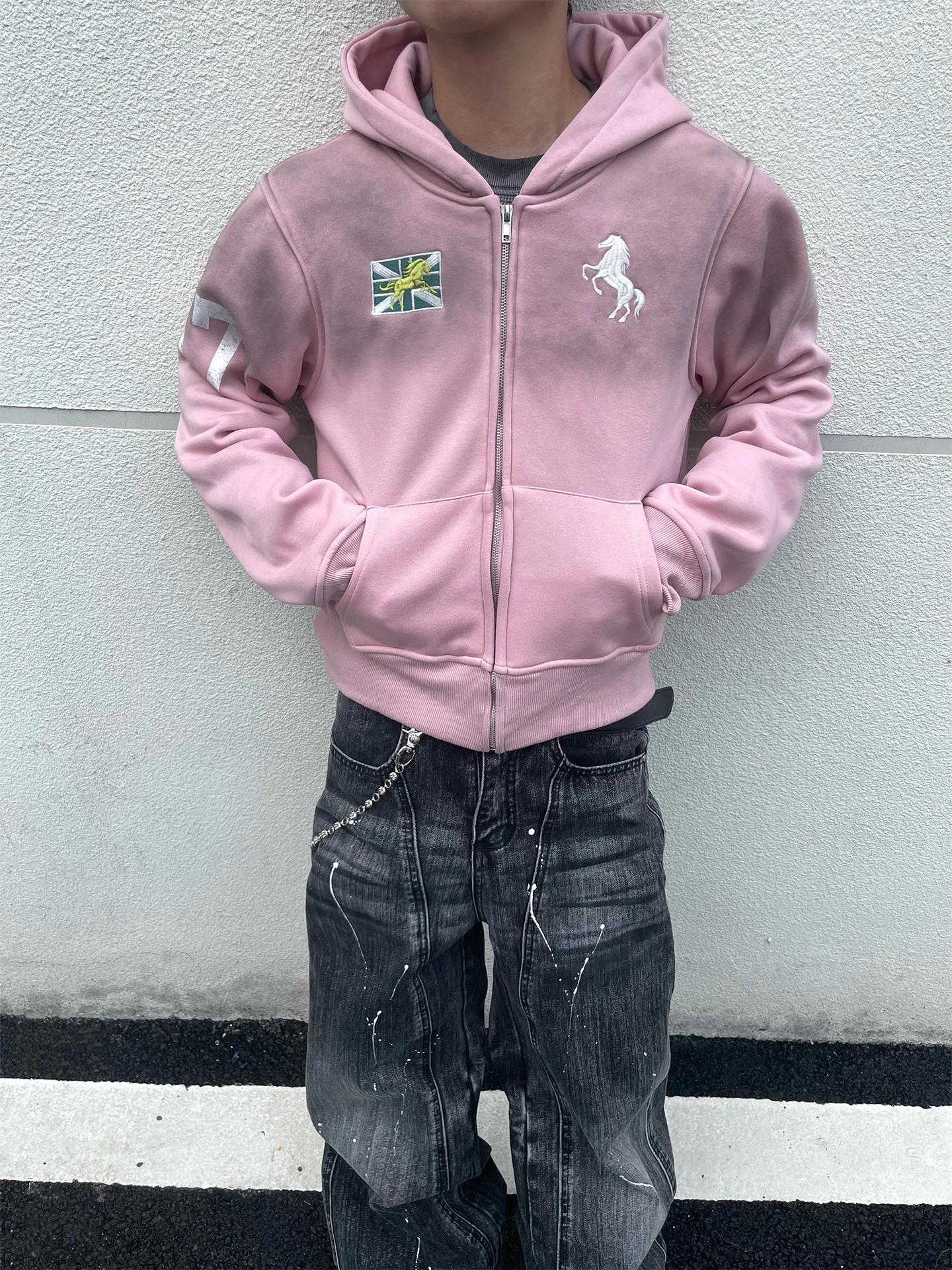 NIETPXFO Men's Fleece Lined Hoodie Vintage Washed Embroidered Dirty Dyeing Print Heavyweight Sweatshirt Street Style Casual Wear
