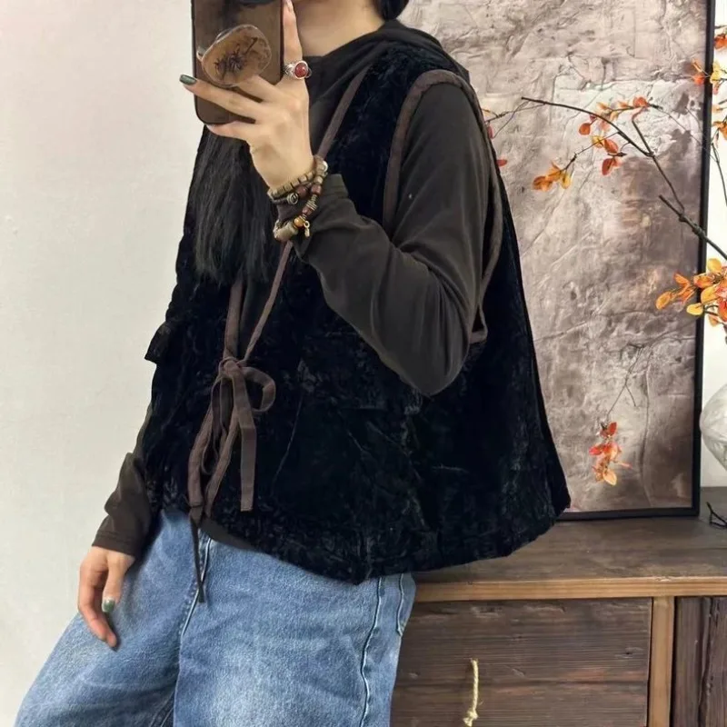 Women's Autumn Winter Tops Coat Vest Sleeveless Lacing Splicing Color Collision V-Neck Retro Slim Loose Casual Simple Soft Niche