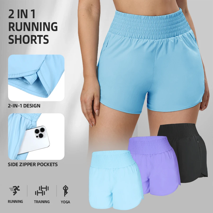 

Women 2 in 1 Running Shorts High Waisted Athletic Shorts Gym Workout Shorts with Liner Zipper Pockets Casual Wear