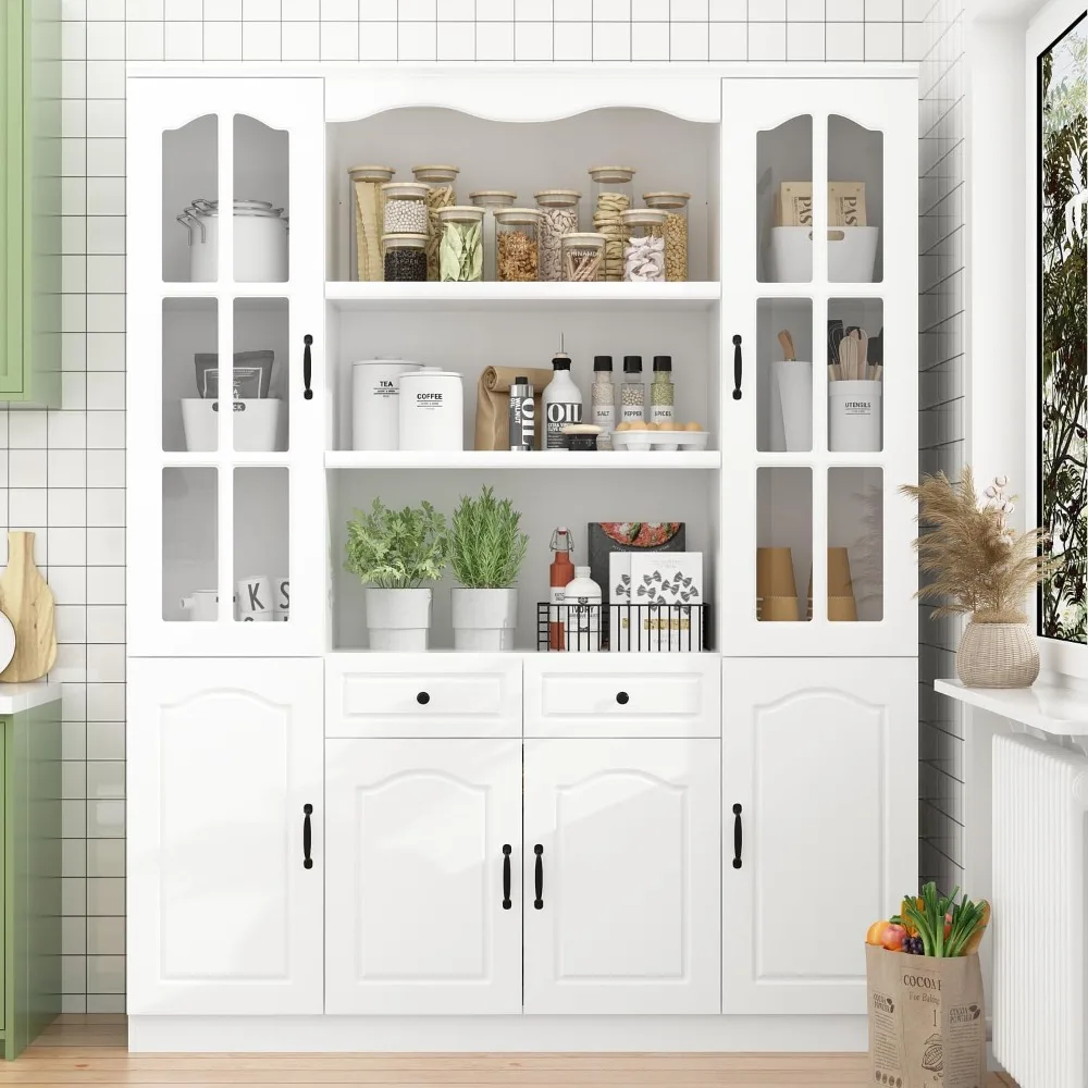 Kitchen Pantry Cabinet with Glass Doors and 2 Drawers, Pantry Storage Cabinet with Shelves, Modern Storage Cabinet