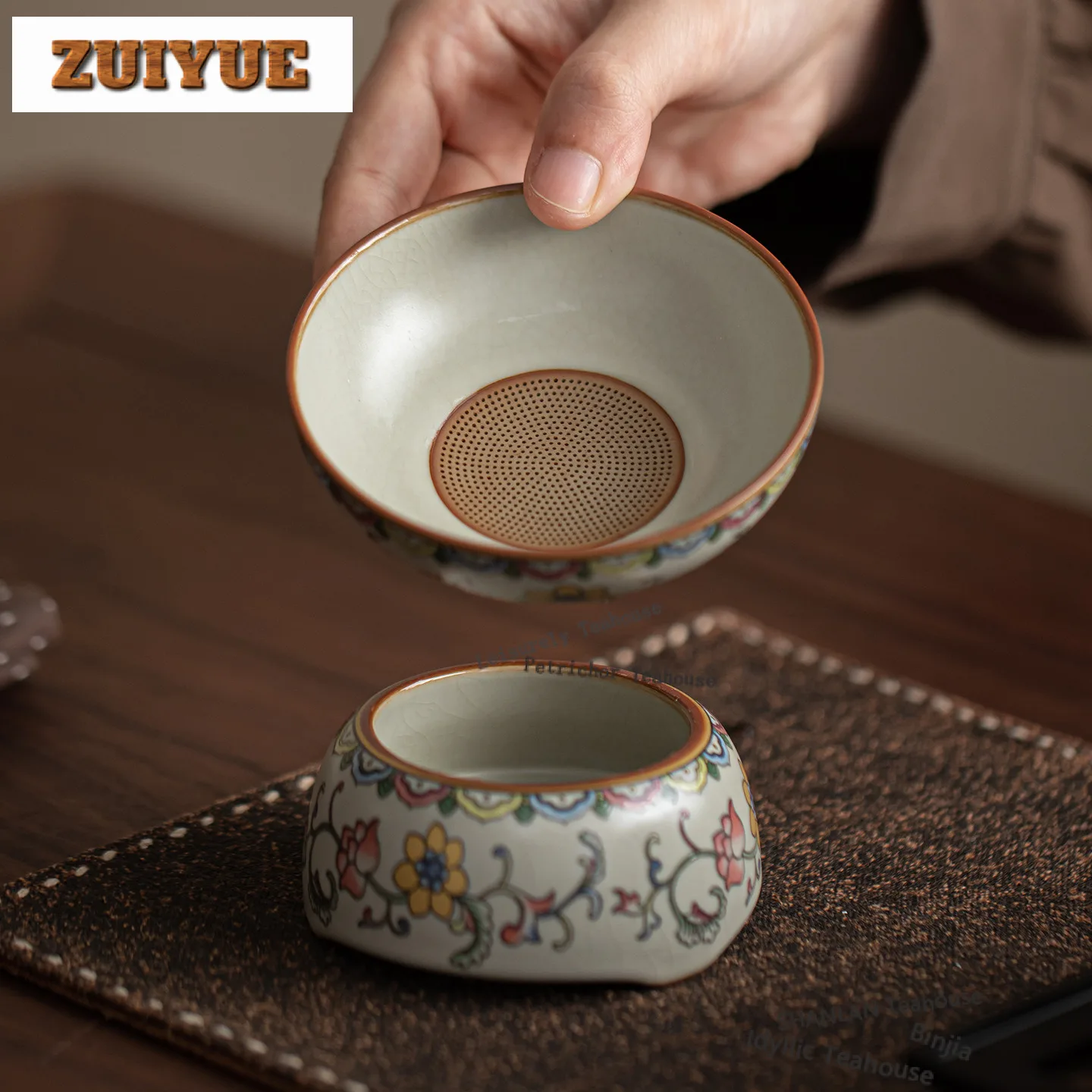 

Ru Kiln Interlock Branch Lotus Decoration Tea Separator Infusor Ancient Tea Strainer Dispenser Tea Soaking Tea Filter Collection