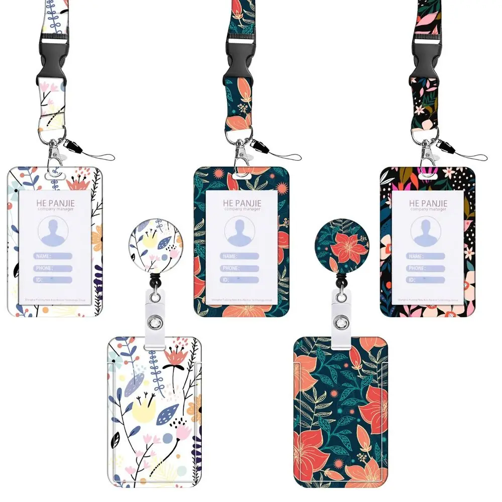 360 Degree Rotatable Working Cards Holder Necklace Strap Flower Flower Print Badge Holder Vertical 5 Colors