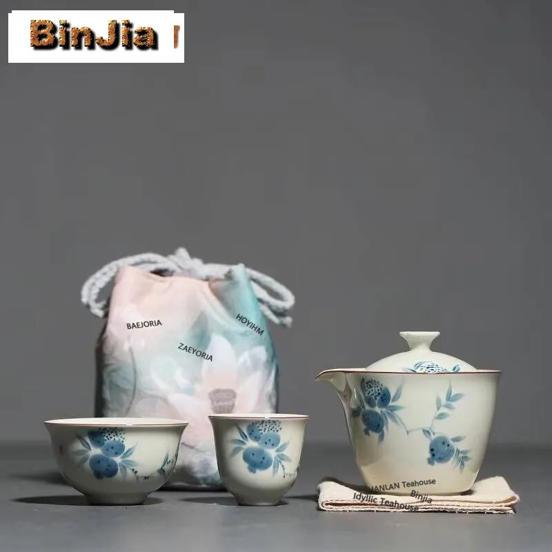 

Hand Drawn Pomegranate Express Cup Set Household Portable Tea Set Kit Traditional 1 Pot 2 Cups Tea Maker Tote Bag Collections