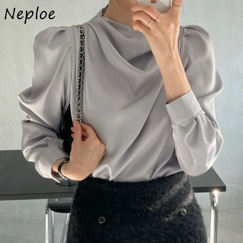 Neploe 2024 Spring Elegant Gentle Style Blouses Femme Chic Stacked Collar Folded Design Satin Loose Versatile Puff Sleeve Shirt