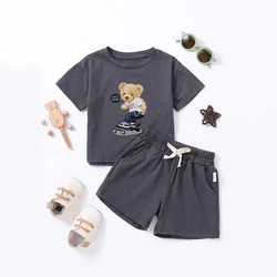 Baby short sleeve shorts set cartoon men's and women's print summer brown bear moon