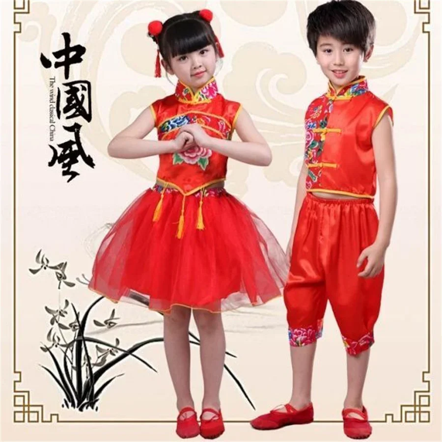 

Boy Girl Chinese New Year Clothes Traditional Kids Folk Dance Red Costumes Stage Party Festival Oriental Hanfu Clothing