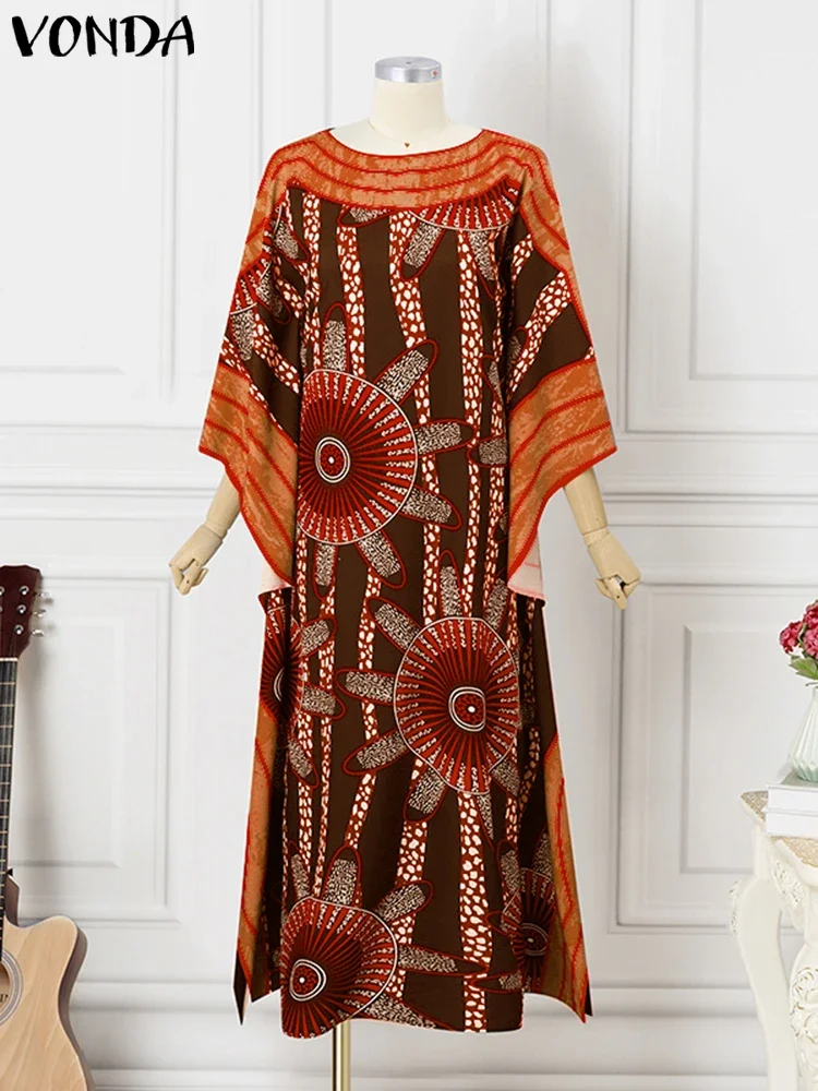 Abito stampato Vestito estivo Donna Vintage Manica svasata Increspato Stampato Abito lungo Casual Vestido Oversize Plus Size VONDA
